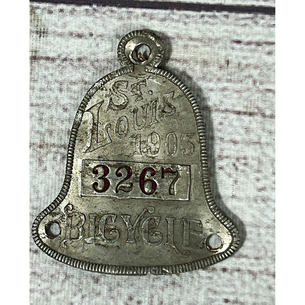Rare Antique 1903 St Louis Missouri Bicycle License Tag Plate Bell Shaped Old